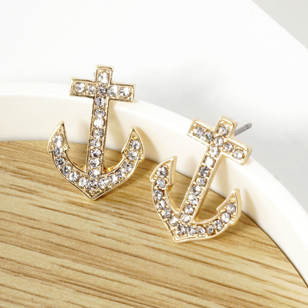 Women's Crystal Stone Paved Anchor Stud Earrings