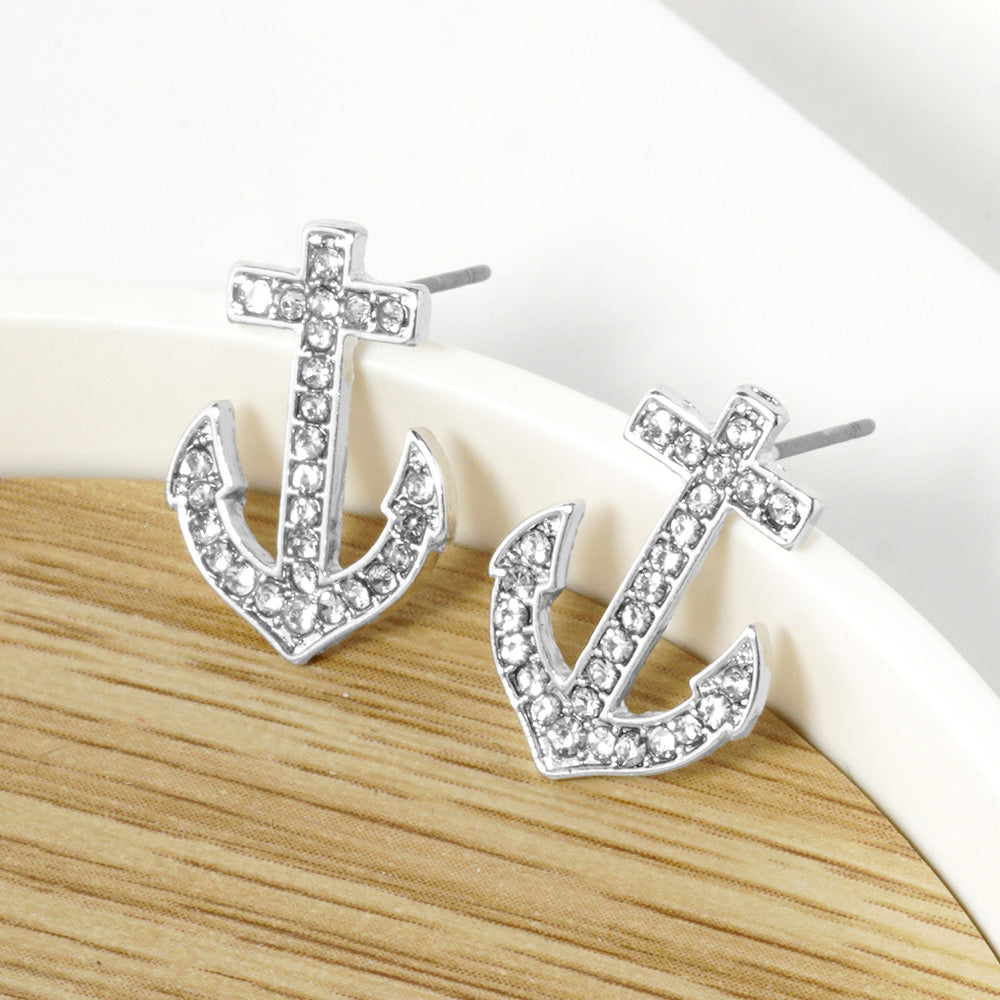 Women's Crystal Stone Paved Anchor Stud Earrings