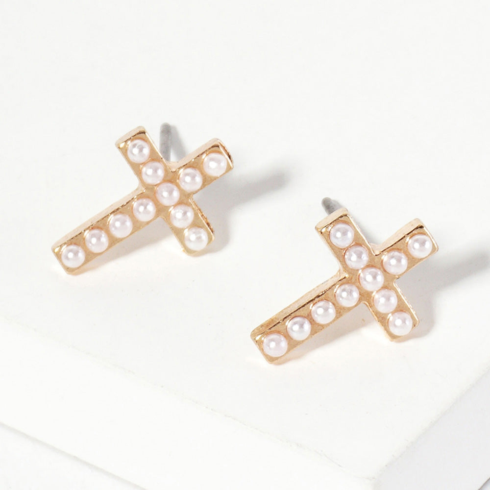 Pearl Cross Stud Earrings