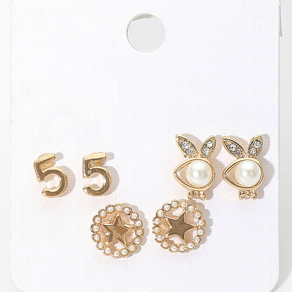 3Pairs - Pearl Playboy bunny star stud earrings