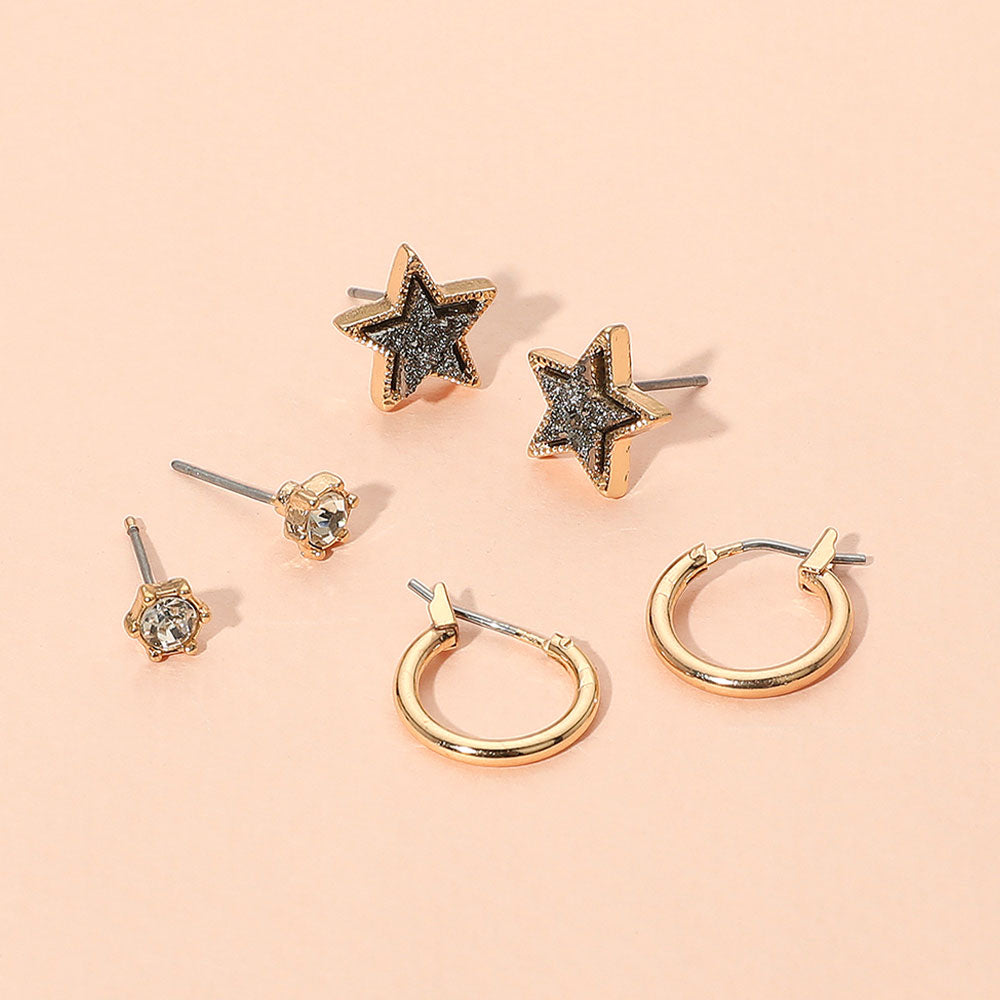 3Pairs - Brass Metal Round Stone Druzy Star Hoop Earring Set