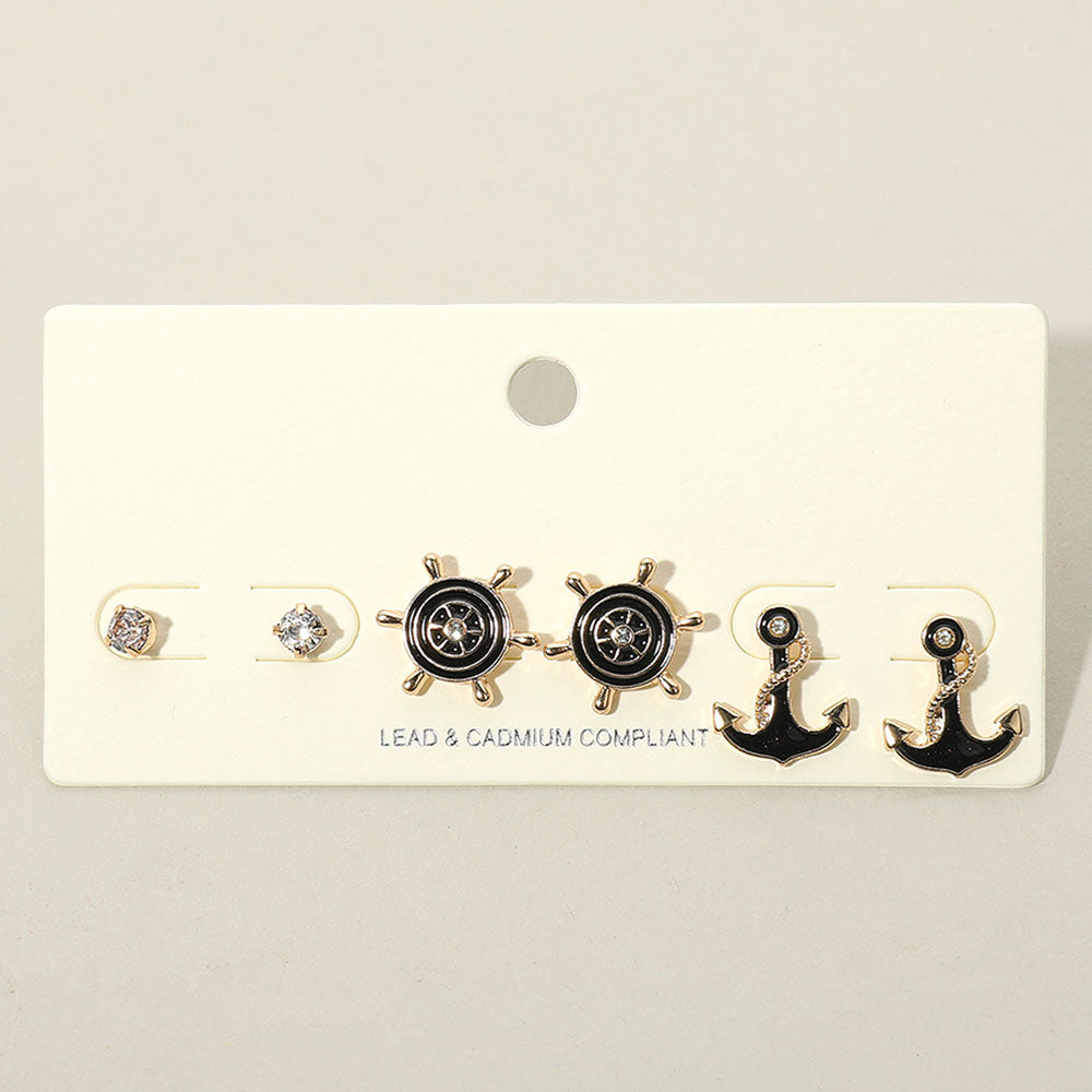 3PCS - Stone Embellished Enamel Ship Wheel Anchor Stud Earring Set