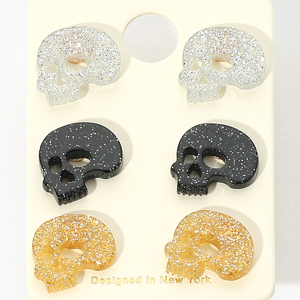 3Pairs - Glittered Resin Skull Stud Earring Set