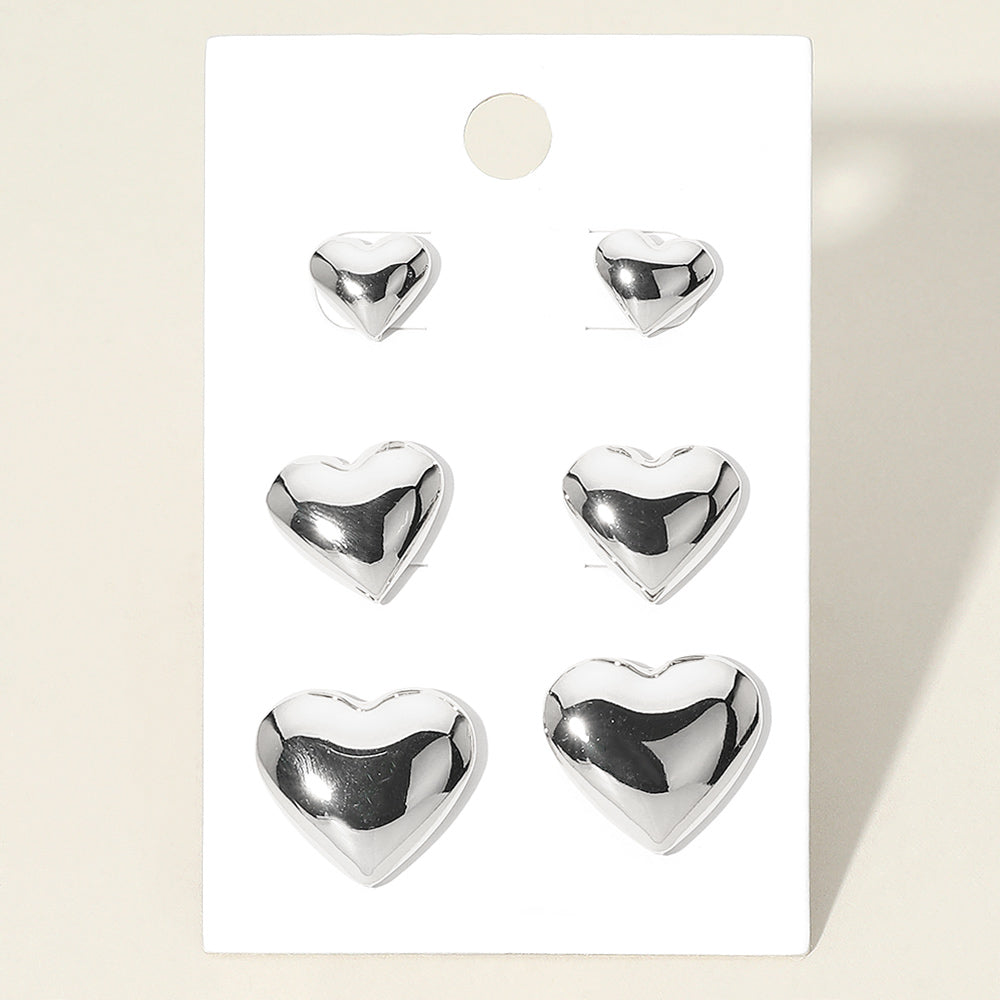 3Pairs - Metal Heart Stud Earring Set
