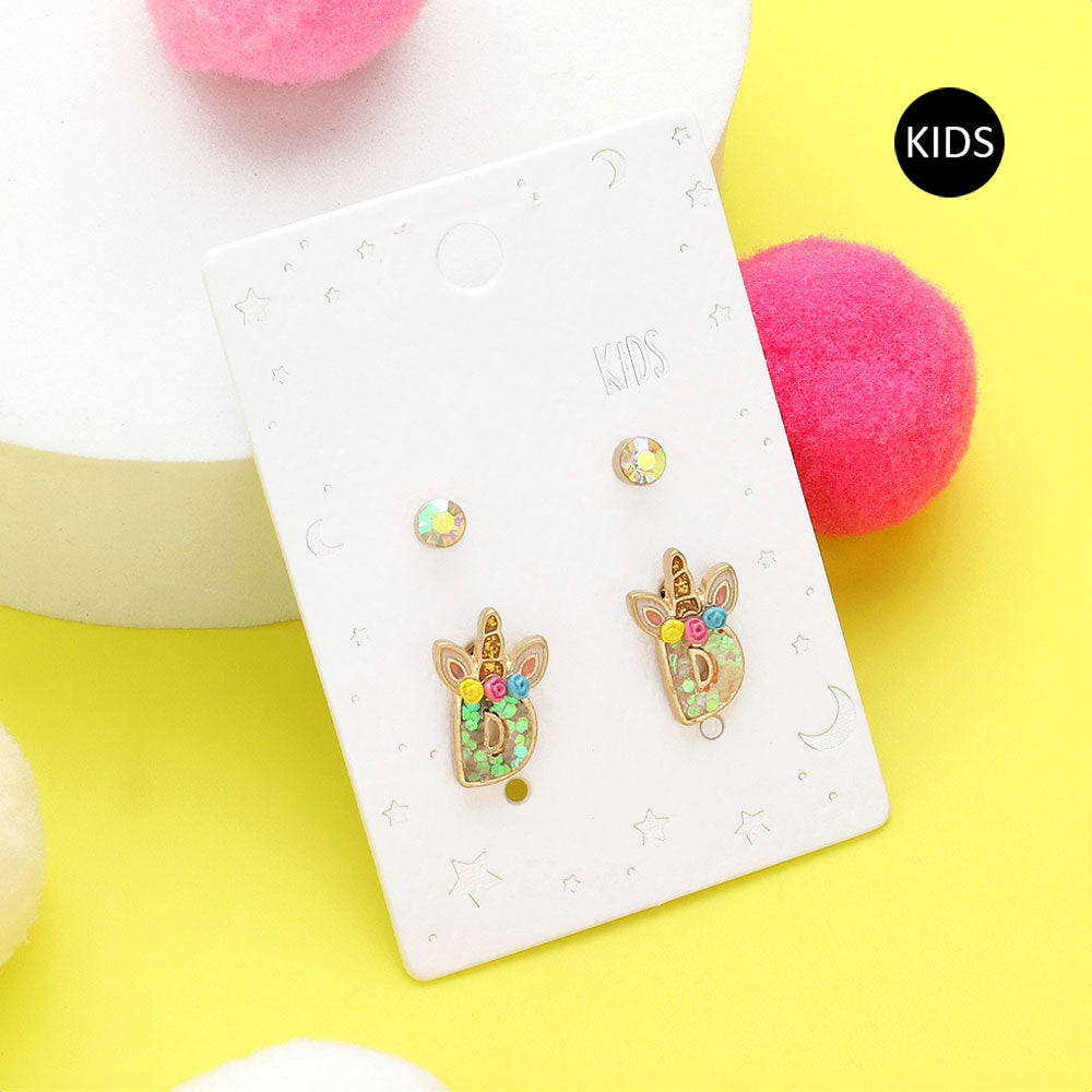 2Pairs - D Round Stone Unicorn Initial Monogram Stud Kids Earrings