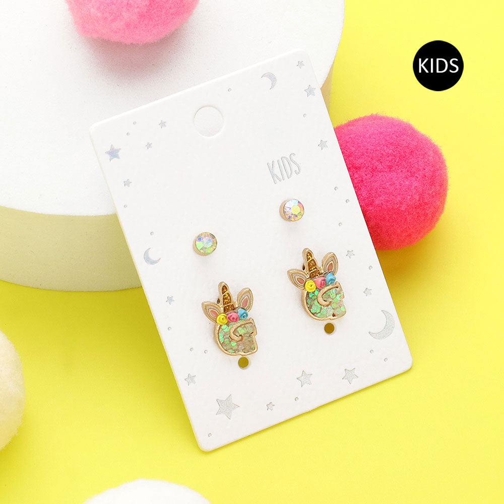 2Pairs - G Round Stone Unicorn Initial Monogram Stud Kids Earrings