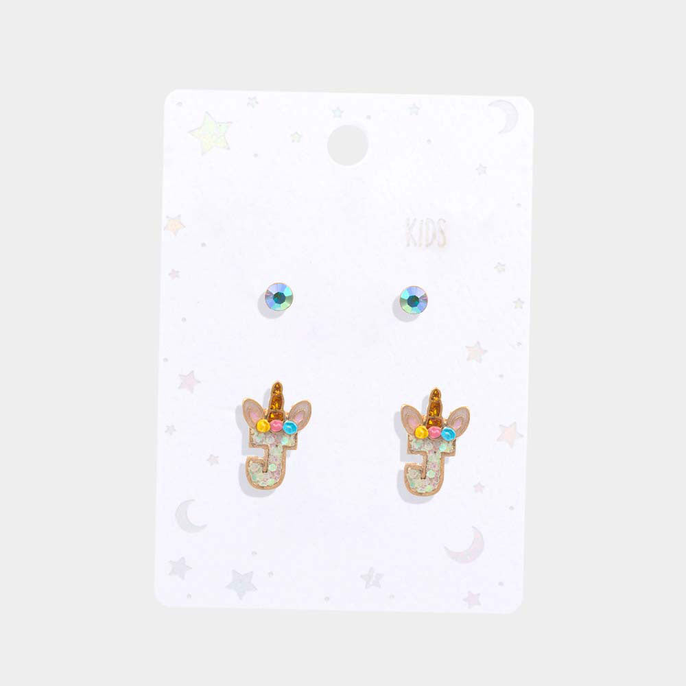 2Pairs - J Round Stone Unicorn Initial Monogram Stud Kids Earrings