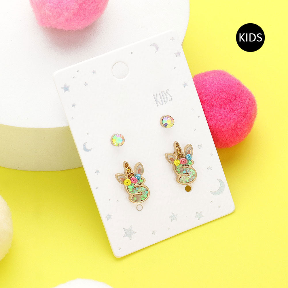 2Pairs - S Round Stone Unicorn Initial Monogram Stud Kids Earrings