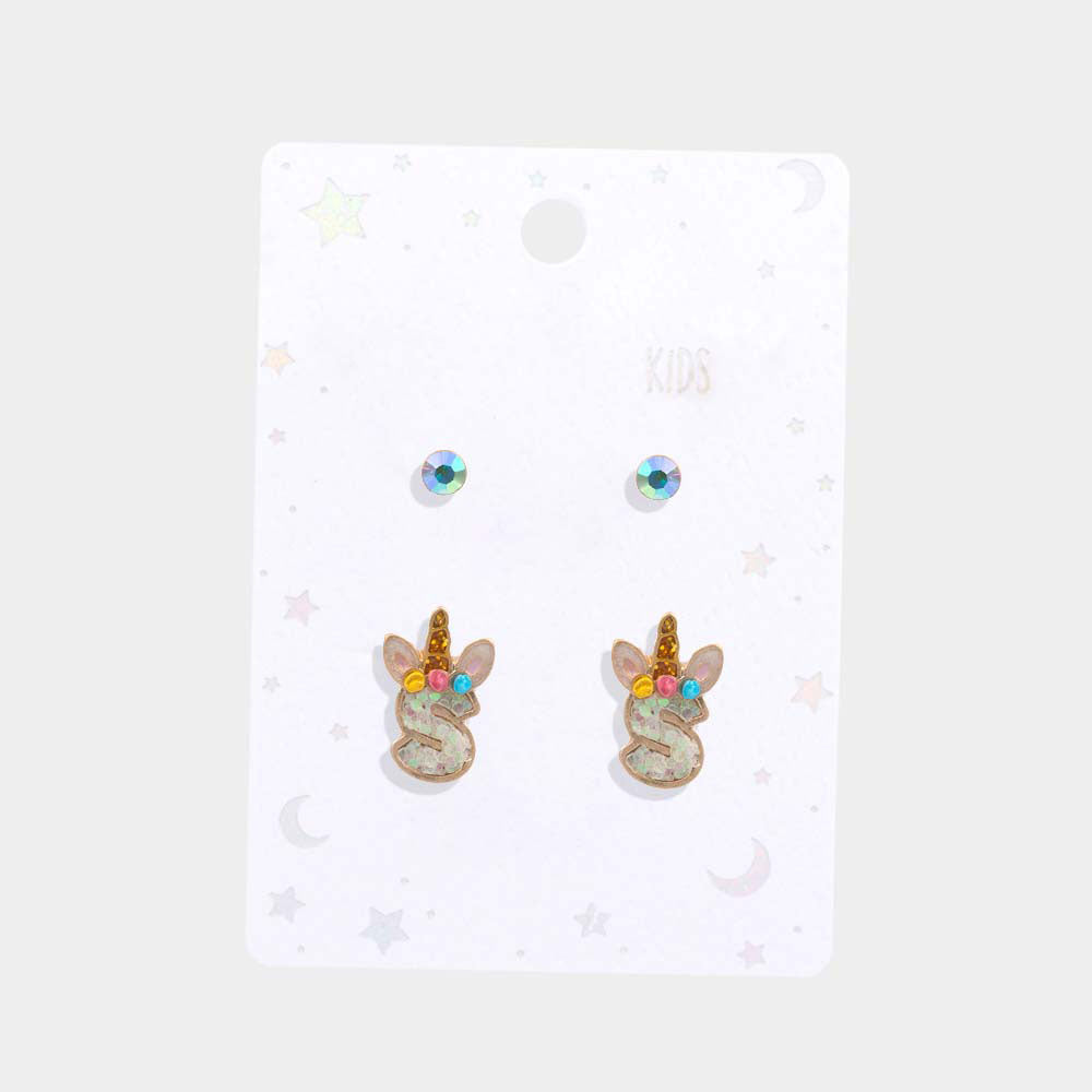 2Pairs - S Round Stone Unicorn Initial Monogram Stud Kids Earrings