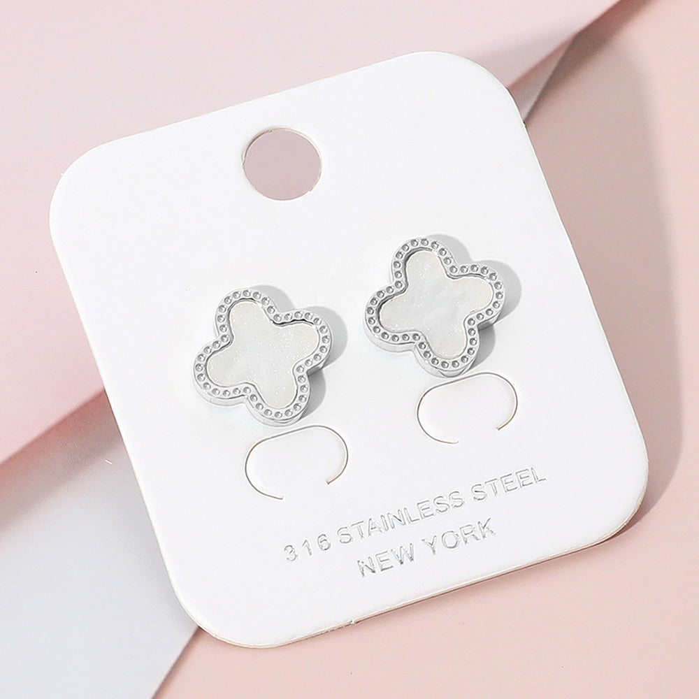 Stainless Steel Mother of Pearl Quatrefoil Stud Earrings