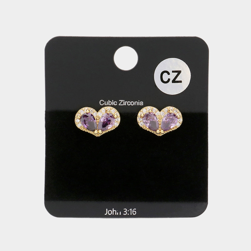 CZ Teardrop Accented Heart Stud Evening Earrings