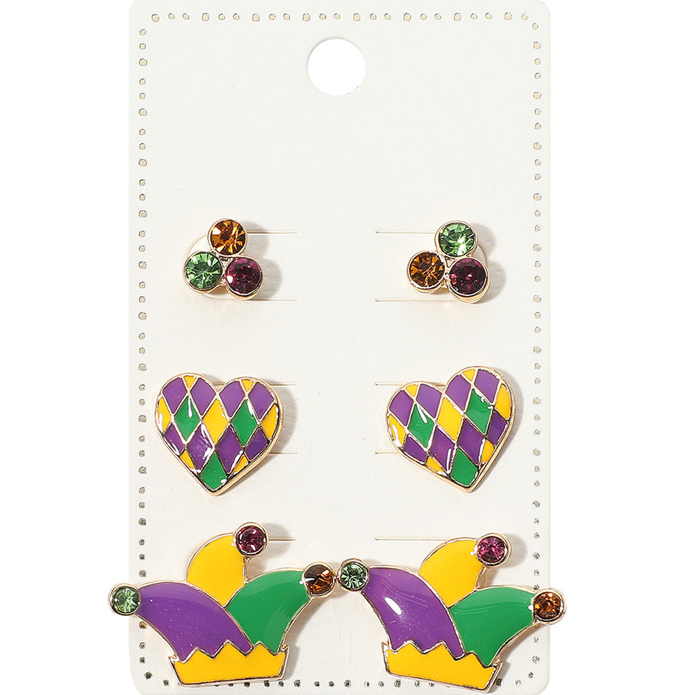 3Pairs - Enamel Mardi Gras Heart Hat Stud Earring Set