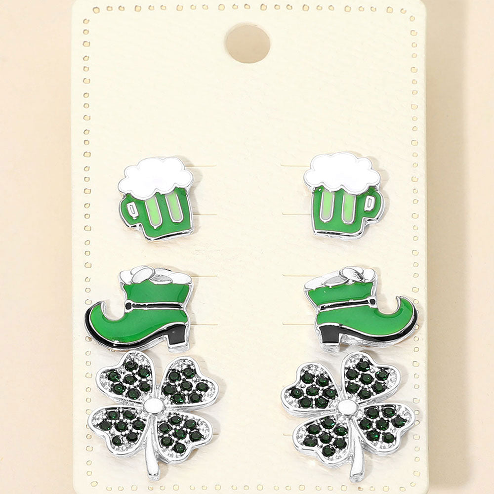 3Pairs - St Patricks Clover Boot Beer Mug Stud Earring Set