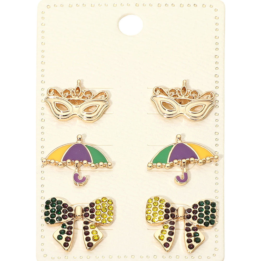 3Pairs - Mardi Gras Mask Umbrella Bow Stud Earring Set