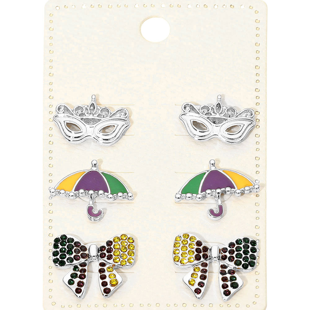 3Pairs - Mardi Gras Mask Umbrella Bow Stud Earring Set