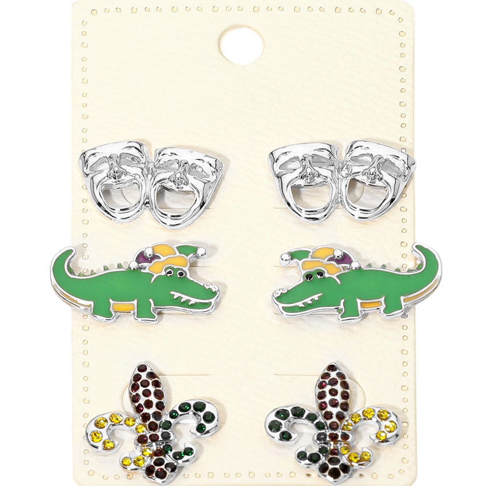 3Pairs - Mardi Gras Mask Crocodile Fleur de Lis Stud Earring Set