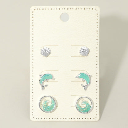 3Pairs - Ocean Theme Shell Dolphin Wave Stud Earring Set
