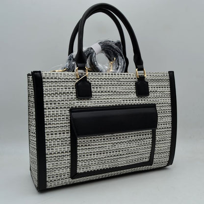 Woven Tweed Structured Laptop Tote Bag with Front Slip Pocket and Crossbody Strap