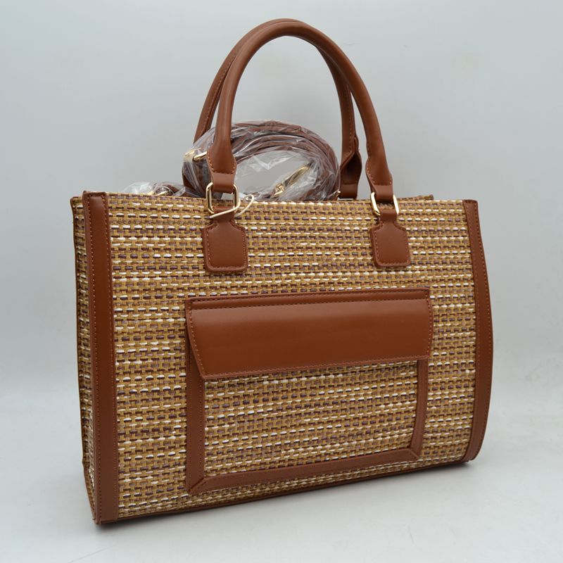 Woven Tweed Structured Laptop Tote Bag with Front Slip Pocket and Crossbody Strap