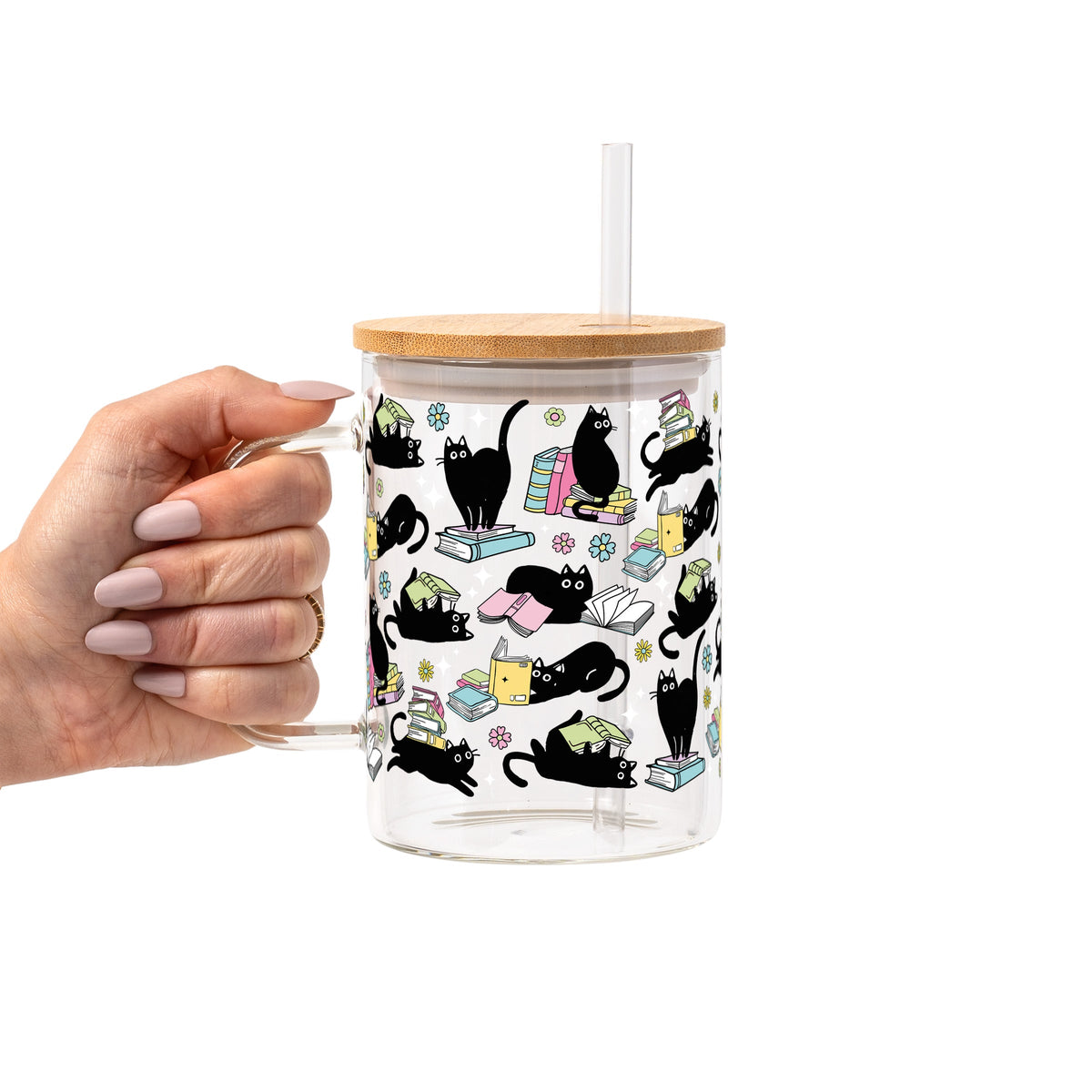 Black Cats on Books Glass Cups