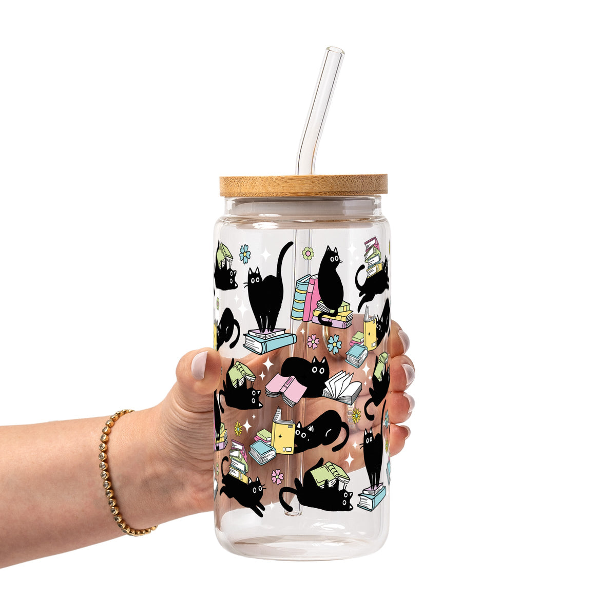 Black Cats on Books Glass Cups