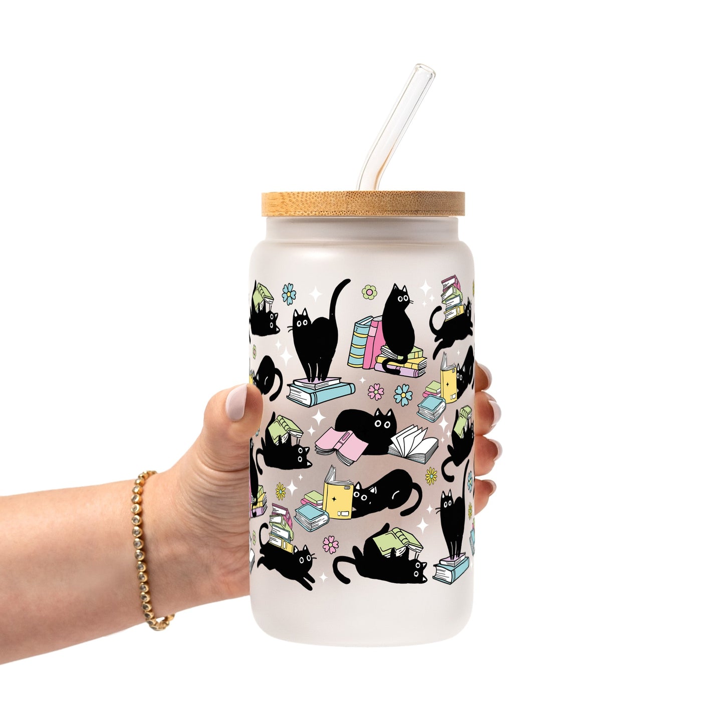 Black Cats on Books Glass Cups