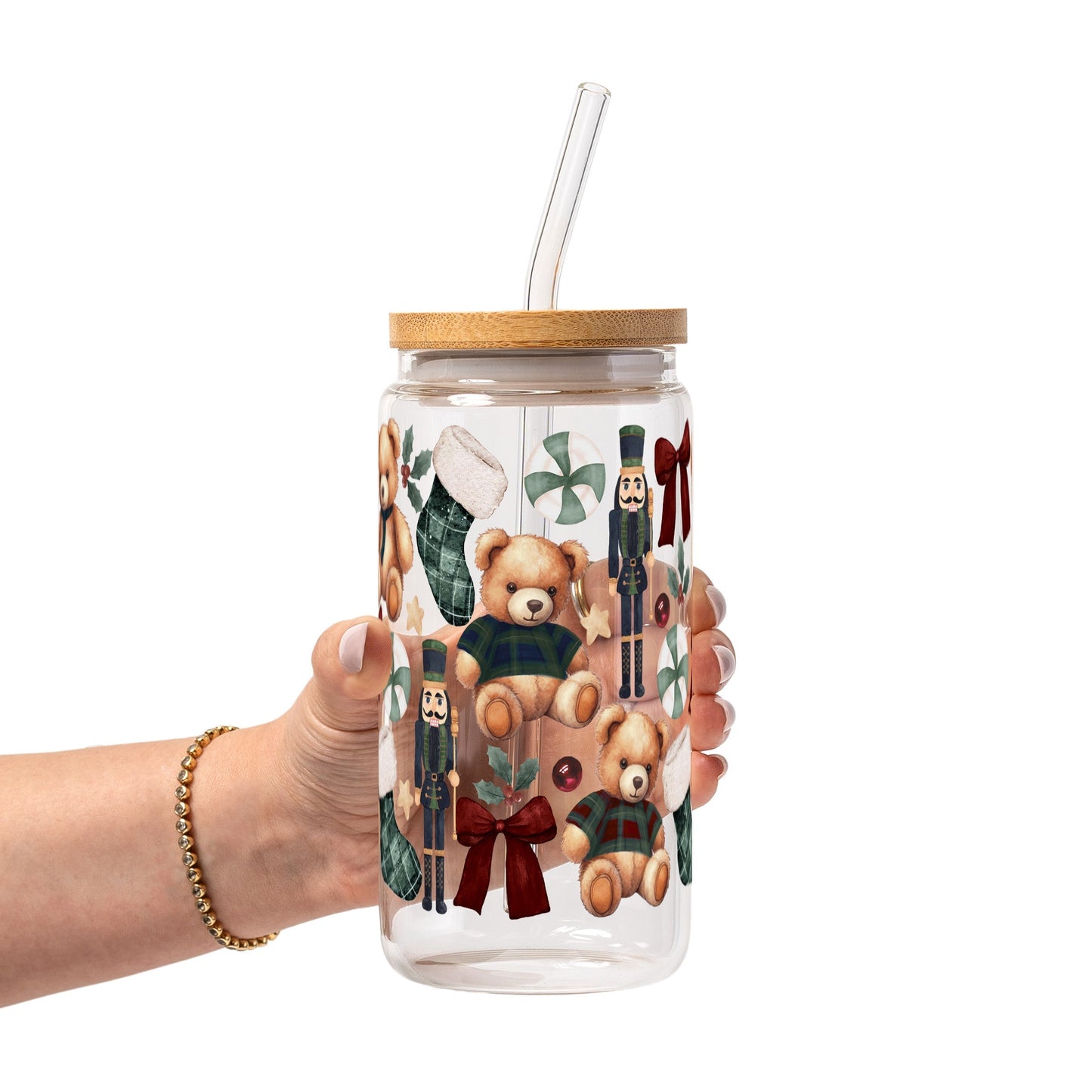 Plaid Teddy Christmas Glass Cups