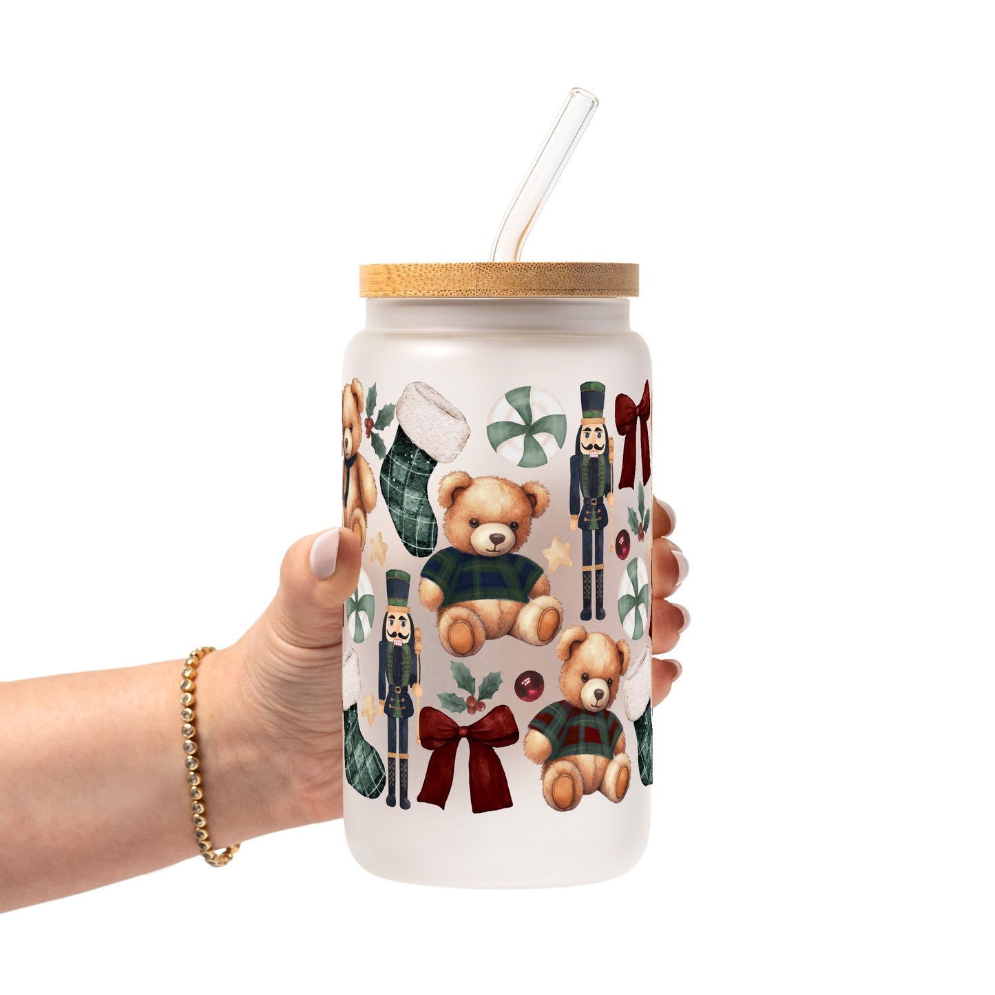 Plaid Teddy Christmas Glass Cups