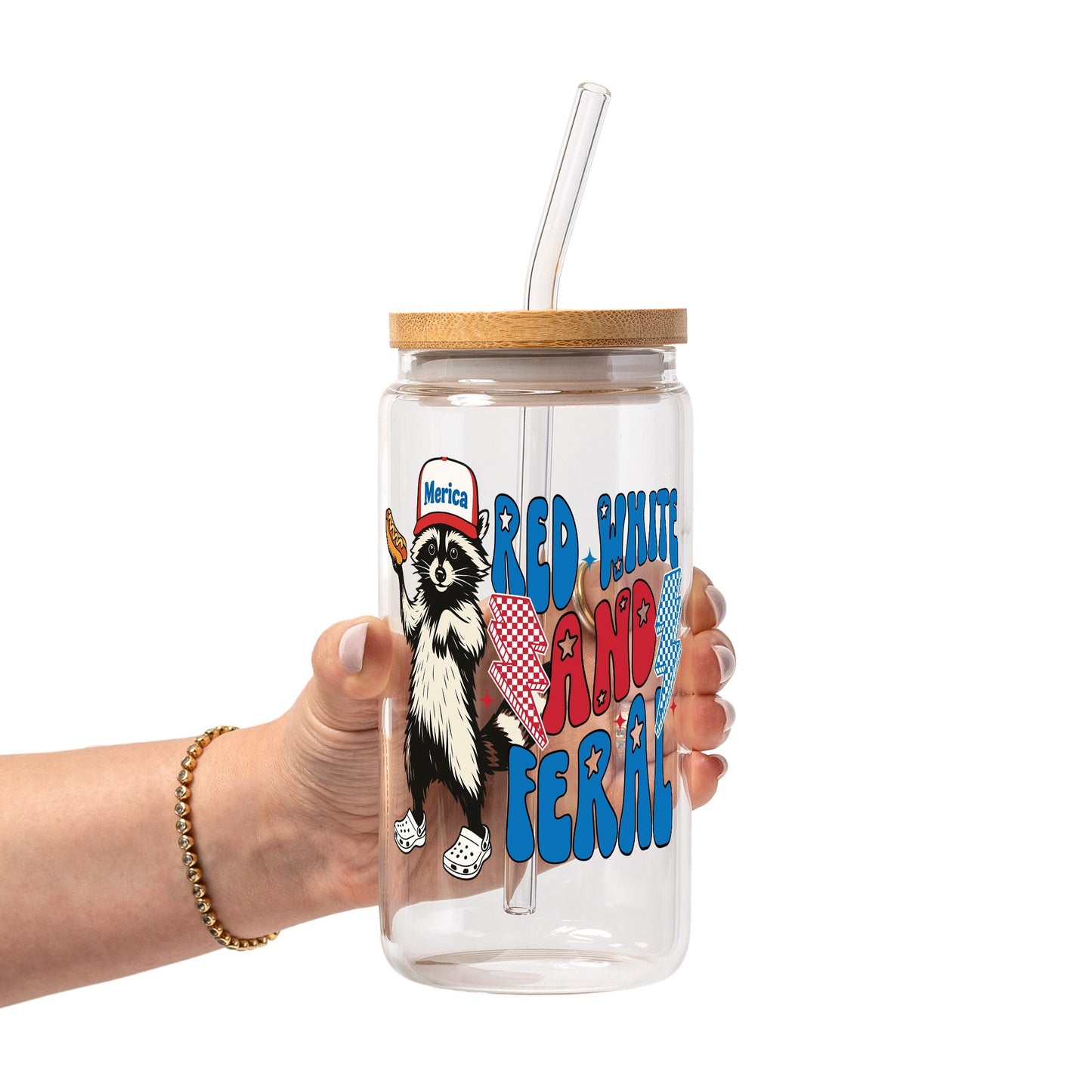 Red White and Feral Hot Dog Patriotic Raccoon Glass Cups