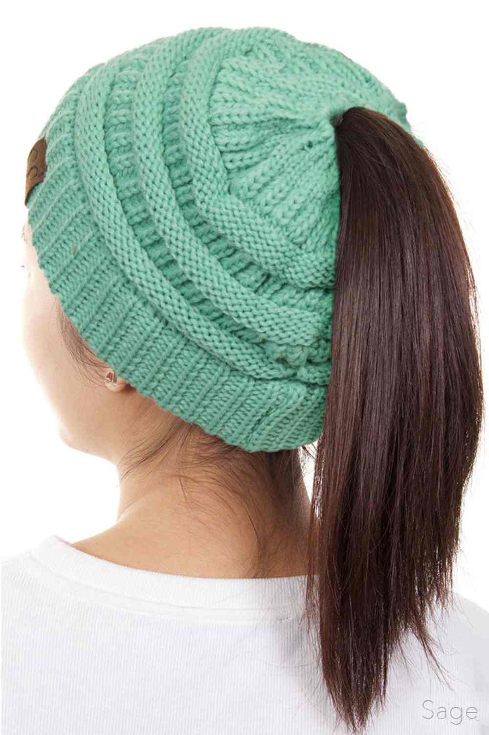 C.C Solid Color Ponytail Messy Bun Beanie