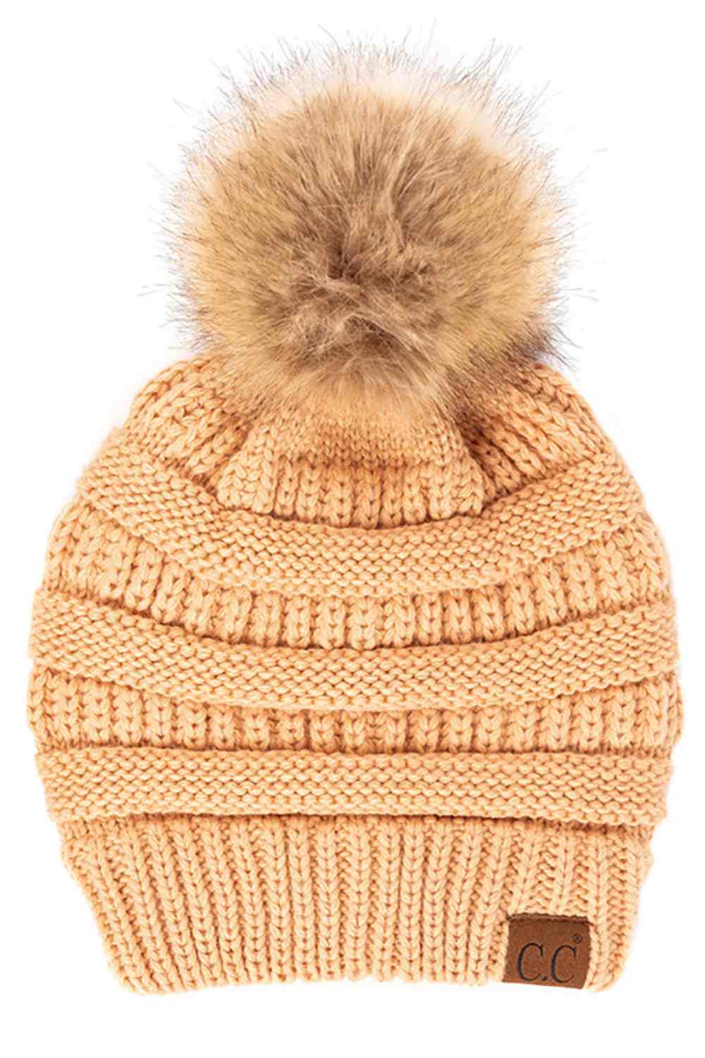 C.C Solid Ribbed Knit Beanie with Pom