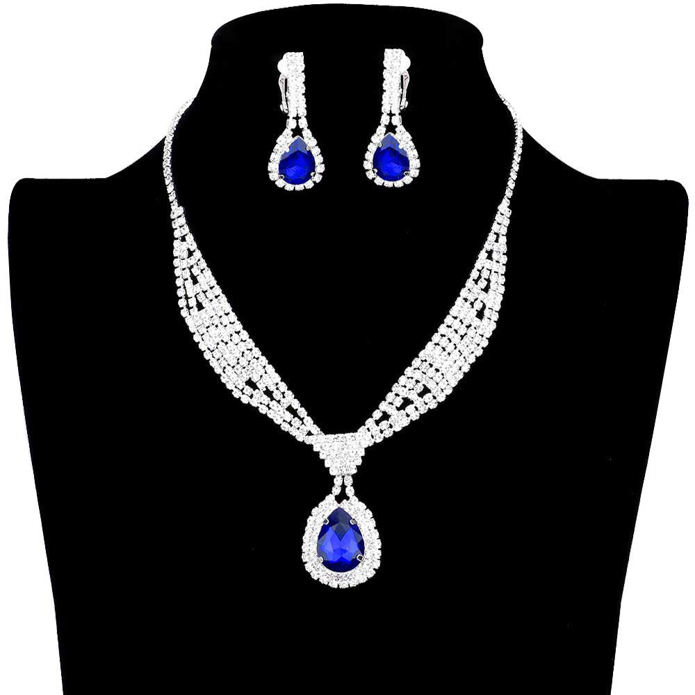 Rhinestone Pave Teardrop Collar Necklace & Clip Earring Set