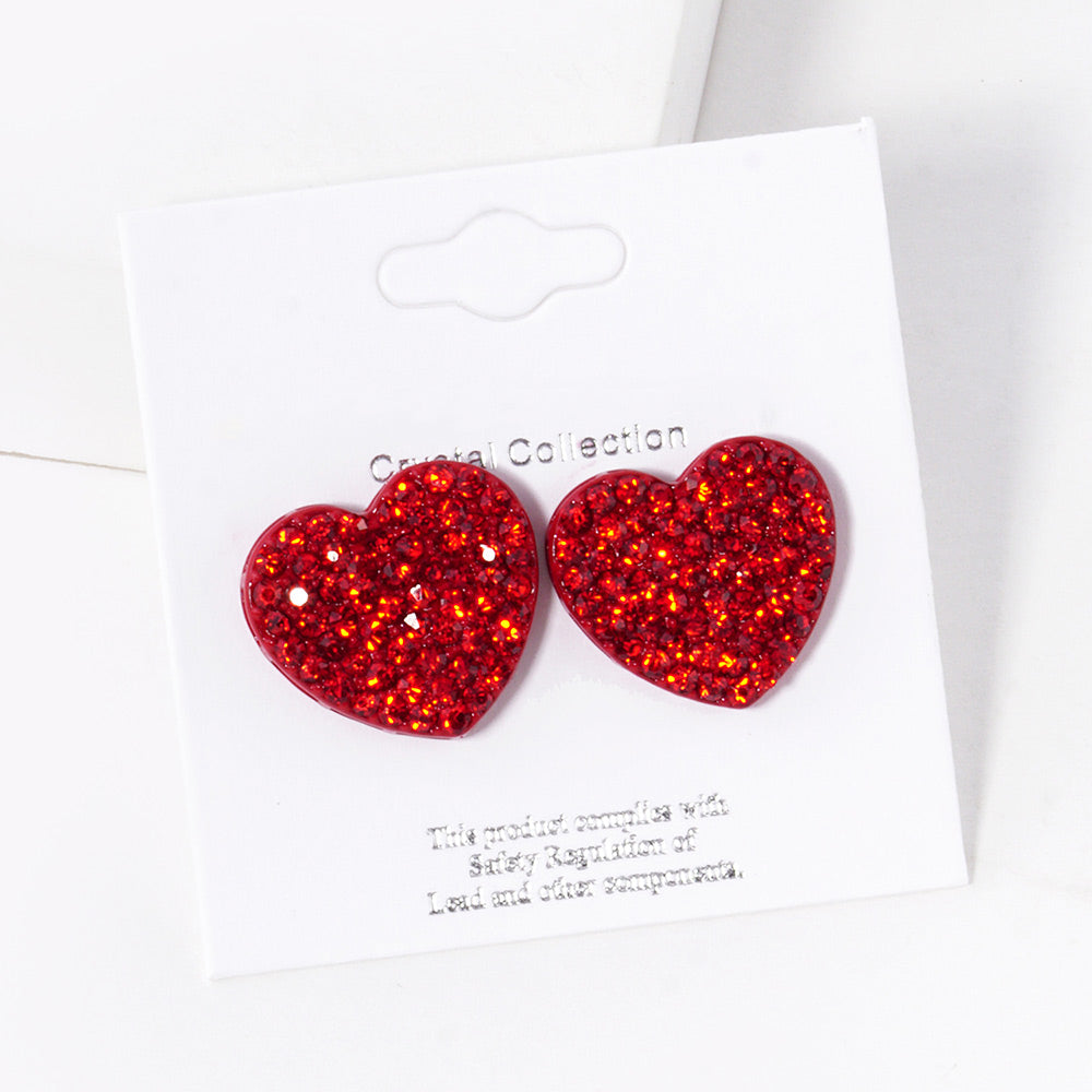 Crystal Stone Paved Heart Stud Earrings