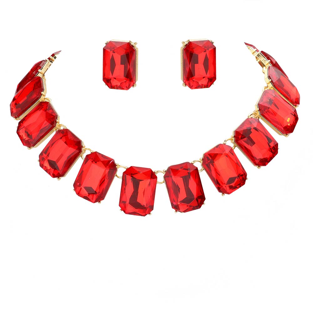 Emerald Cut Stone Link Evening Necklace Earring Set
