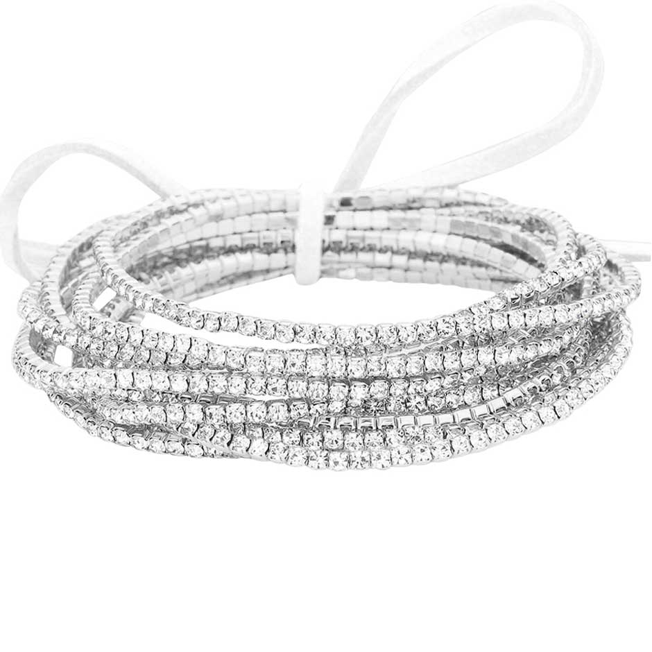 12PCS Ribbon Colorful Rhinestone Layered Stretch Bracelets