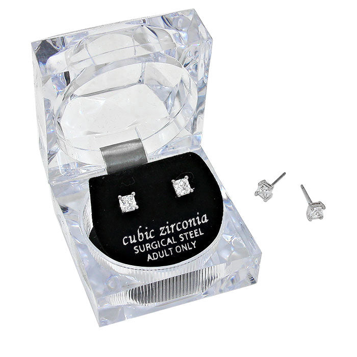 4mm Square Crystal Cubic Zirconia Stud Earrings in Clear Gift Box - Ready to Gift
