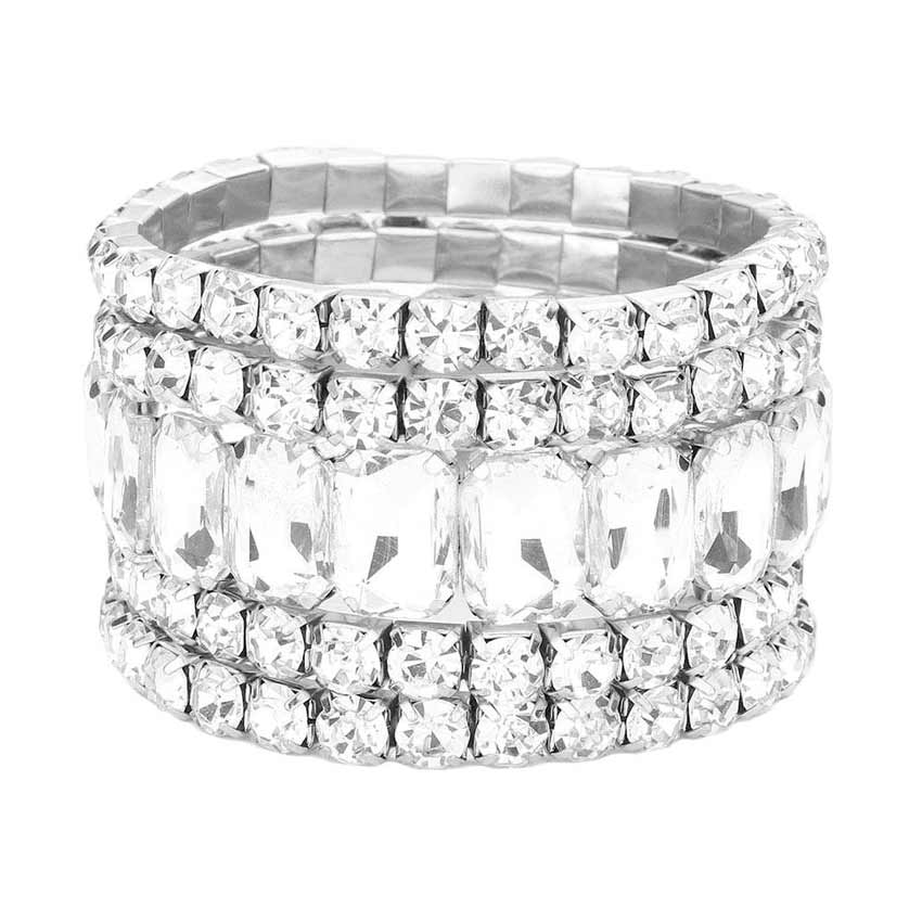 Women's 5Pcs Rectangle Round Stone Stretch Multi Layered Bracelets