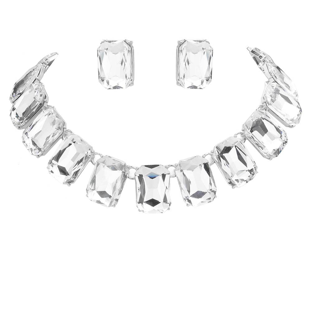 Emerald Cut Stone Link Evening Necklace Earring Set