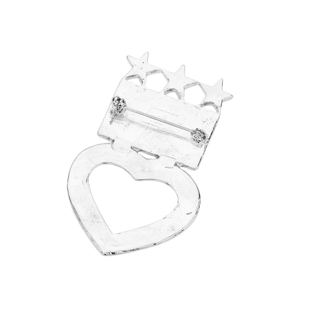 Enamel American USA Flag Open Heart Pin Brooch