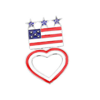 Enamel American USA Flag Open Heart Pin Brooch