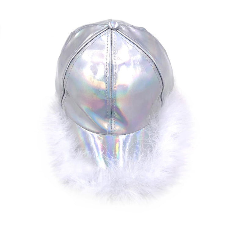 Faux Feather Trimmed Hologram Baseball Cap