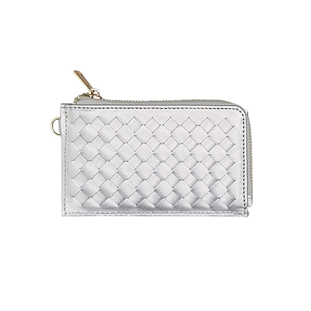 Faux Leather Basket Weave Flat Card Holder Wallet with Wristlet