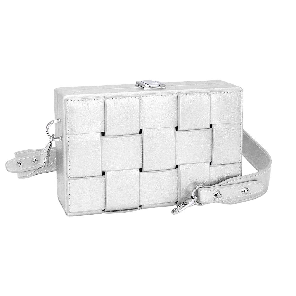 Faux Leather Woven Square Box Crossbody Bag