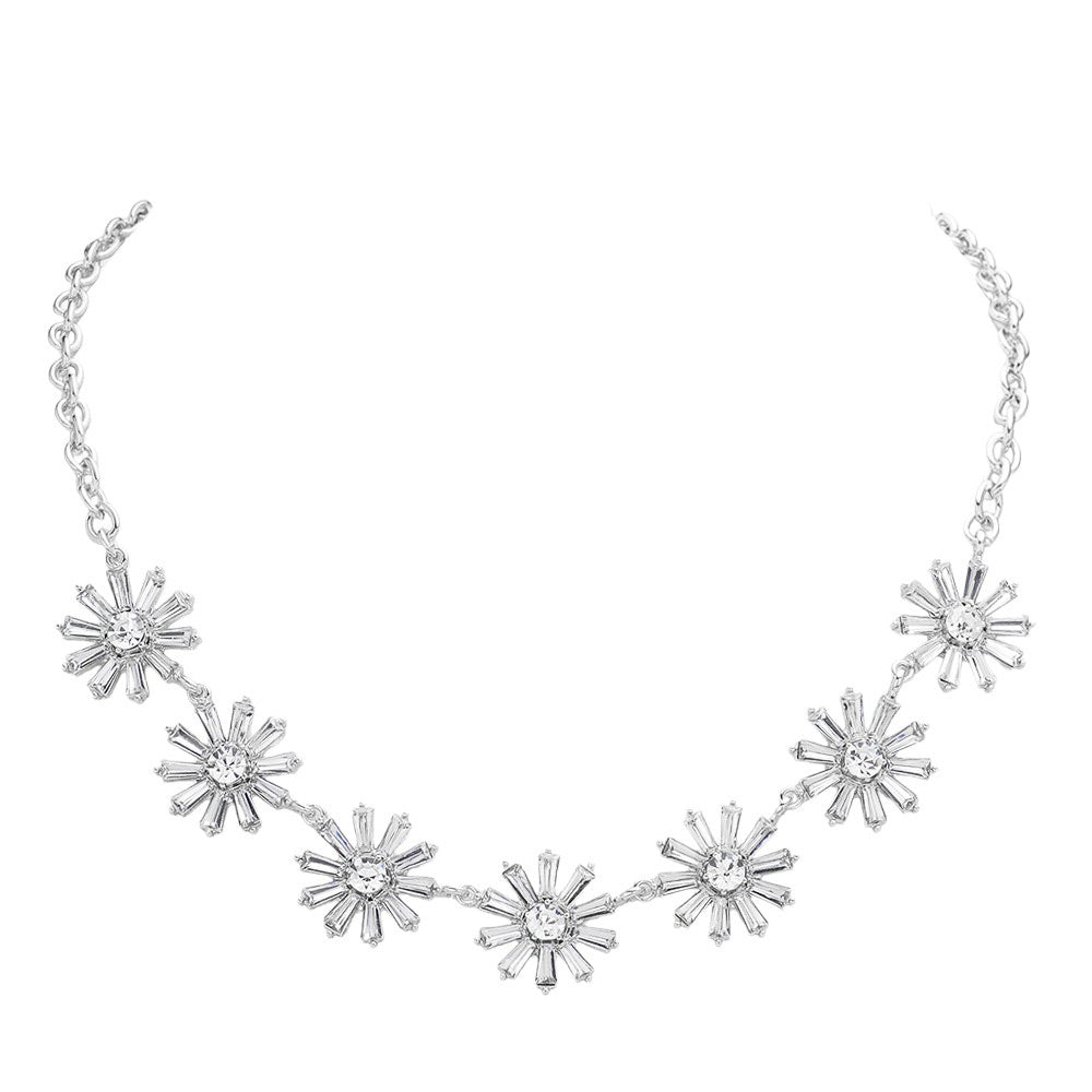 Glass Stone Embellished Flower Cluster Link Necklace