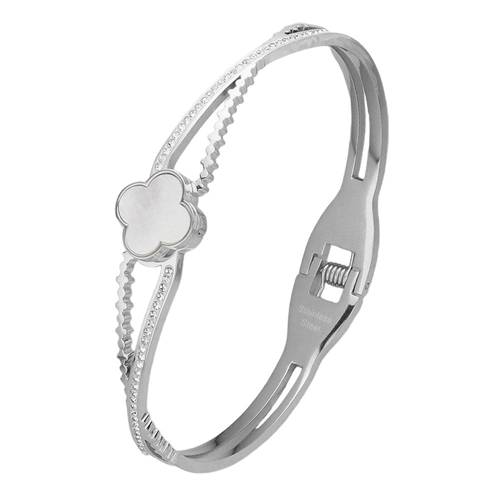 Mother Of Pearl Stone Paved Stainless Steel Hinged Bangle Bracelet