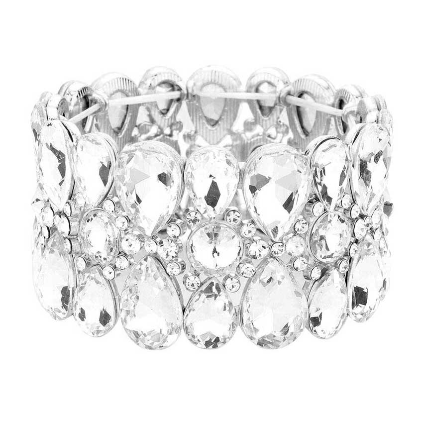 Pear Crystal Floral Rhinestone Stretch Evening Bracelet