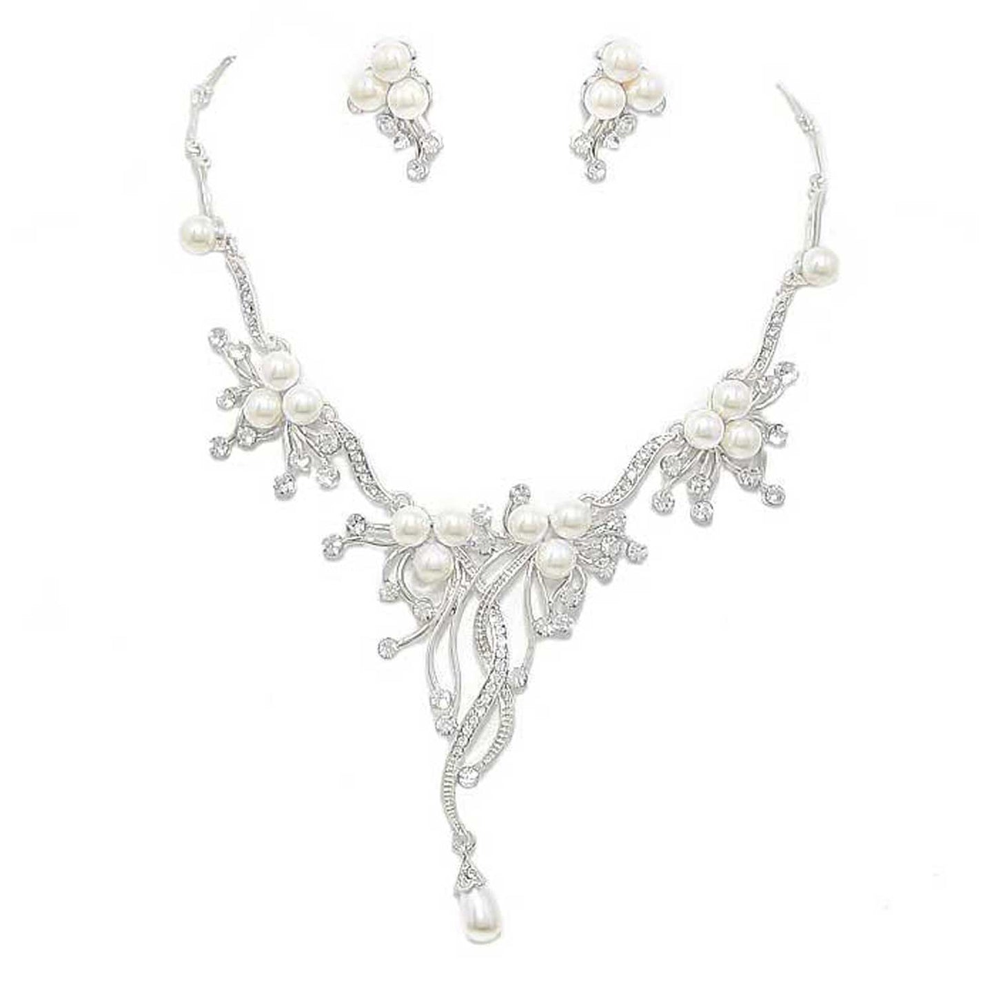 Pearl Accented Floral Rhinestone Necklace