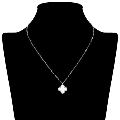Stainless Steel Mother Of Pearl Quatrefoil Pendant Necklace