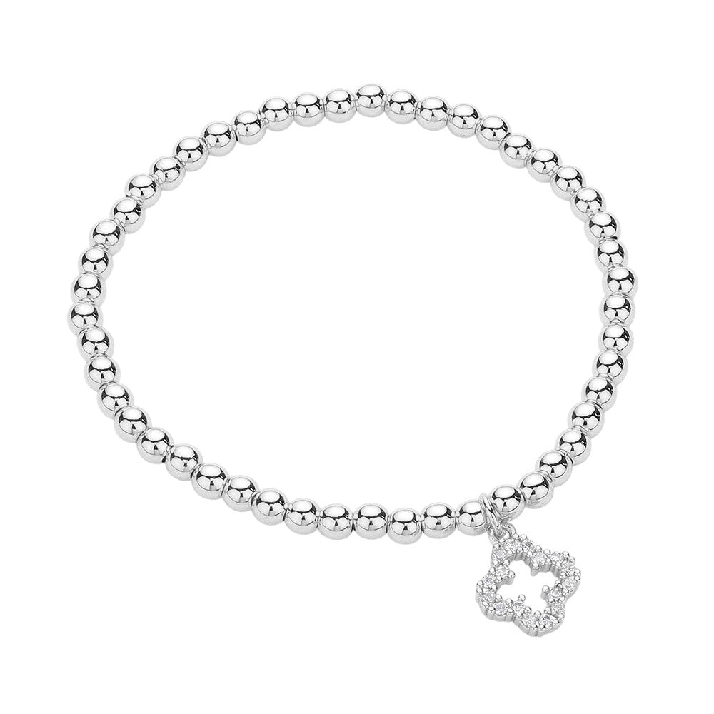 Stainless Steel Stone Paved Open Quatrefoil Charm Stretch Ball Bracelet