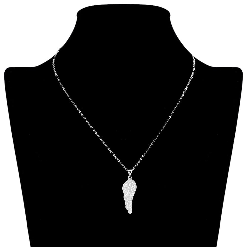 Stainless Steel Stone Paved Wing Pendant Necklace